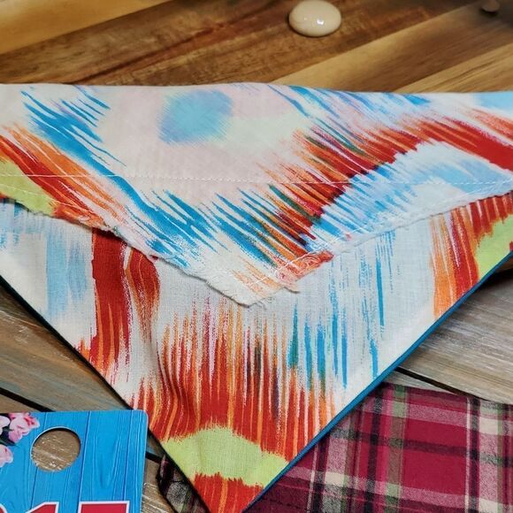 #17  Medium 9" Upcycled Tie Dye Splash & Wine Plaid Dog Bandanas - Picture 2 of 3
